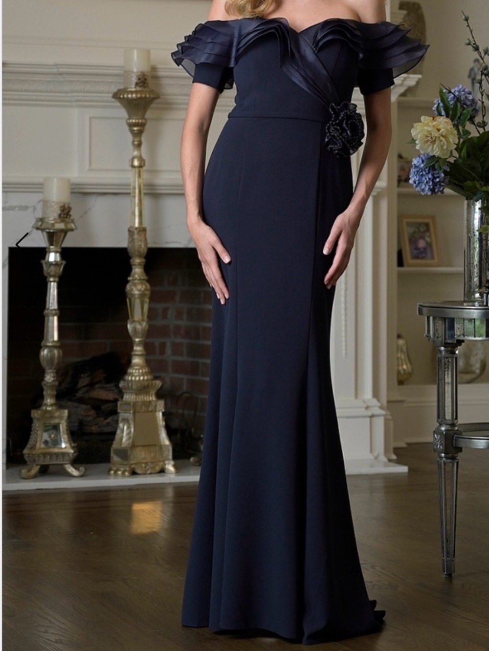 Rina diMontella Navy Strapless Off-Shoulder Evening Gown with Floral Accent